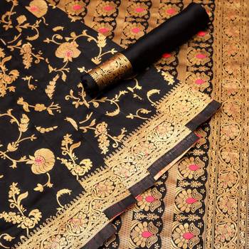 Black silk blend banarasi saree with unstitched blouse piece 3