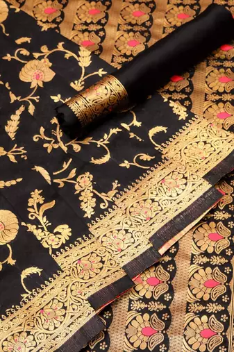 Black silk blend banarasi saree with unstitched blouse piece