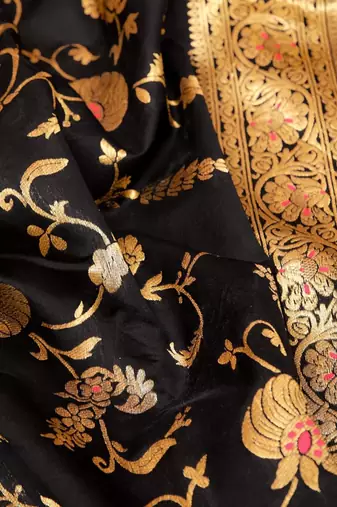 Black silk blend banarasi saree with unstitched blouse piece