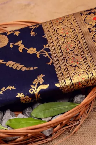 Blue soft silk blend banarasi jacuard work designer party wear saree with unstitched blouse piece