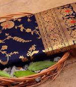 Blue silk blend banarasi saree with unstitched blouse piece