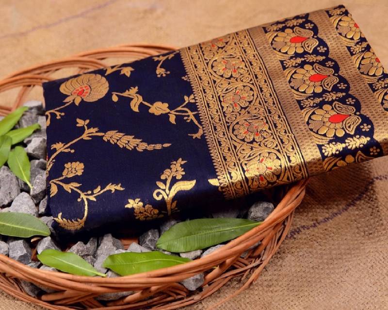 Blue soft silk blend banarasi jacuard work designer party wear saree with unstitched blouse piece