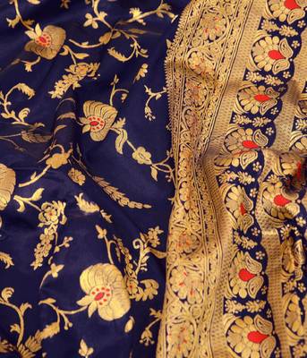 Blue silk blend banarasi saree with unstitched blouse piece 2