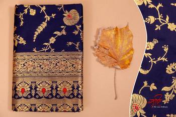 Blue silk blend banarasi saree with unstitched blouse piece 3