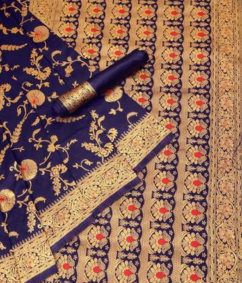 Blue silk blend banarasi saree with unstitched blouse piece 4