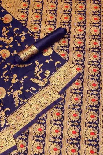 Blue silk blend banarasi saree with unstitched blouse piece