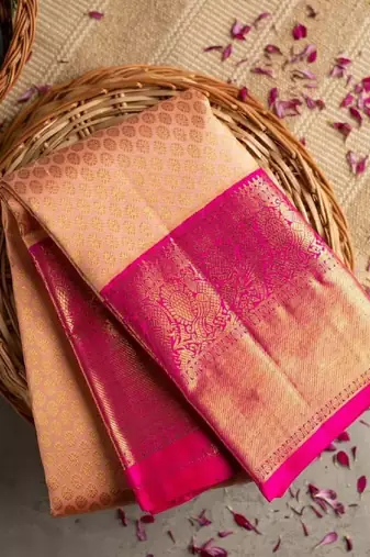 Peach pink soft silk blend banarasi jacuard work designer party wear saree with unstitched blouse piece