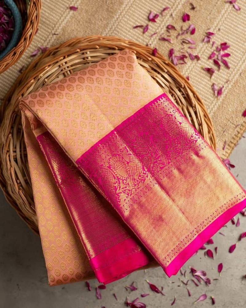 Peach pink soft silk blend banarasi jacuard work designer party wear saree with unstitched blouse piece