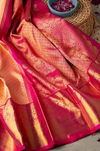 Peach pink silk blend banarasi saree with unstitched blouse piece