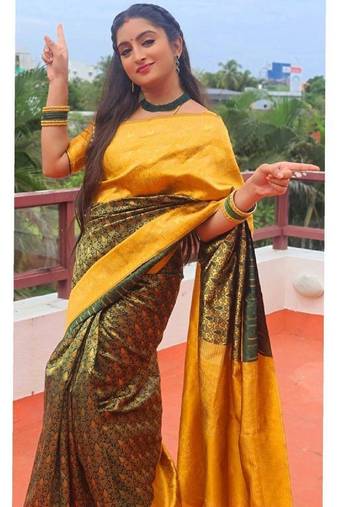 Green yellow soft silk blend banarasi jacuard work designer party wear saree with unstitched blouse piece