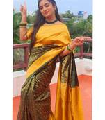 Green yellow silk blend banarasi saree with unstitched blouse piece