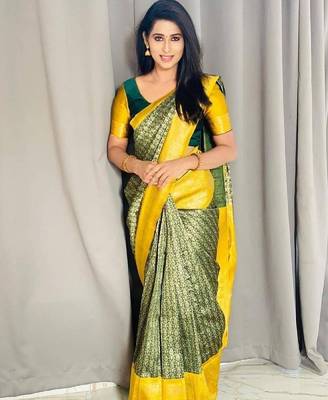Green yellow silk blend banarasi saree with unstitched blouse piece 1