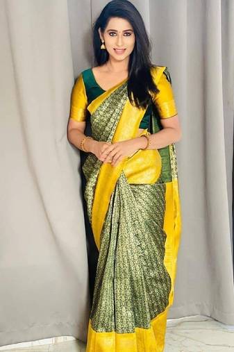 Green yellow soft silk blend banarasi jacuard work designer party wear saree with unstitched blouse piece
