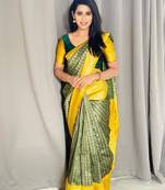 Green yellow silk blend banarasi saree with unstitched blouse piece