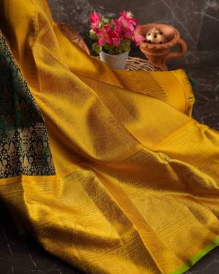 Green yellow silk blend banarasi saree with unstitched blouse piece 4