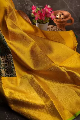 Green yellow silk blend banarasi saree with unstitched blouse piece