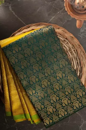 Green yellow soft silk blend banarasi jacuard work designer party wear saree with unstitched blouse piece