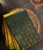 Green yellow silk blend banarasi saree with unstitched blouse piece