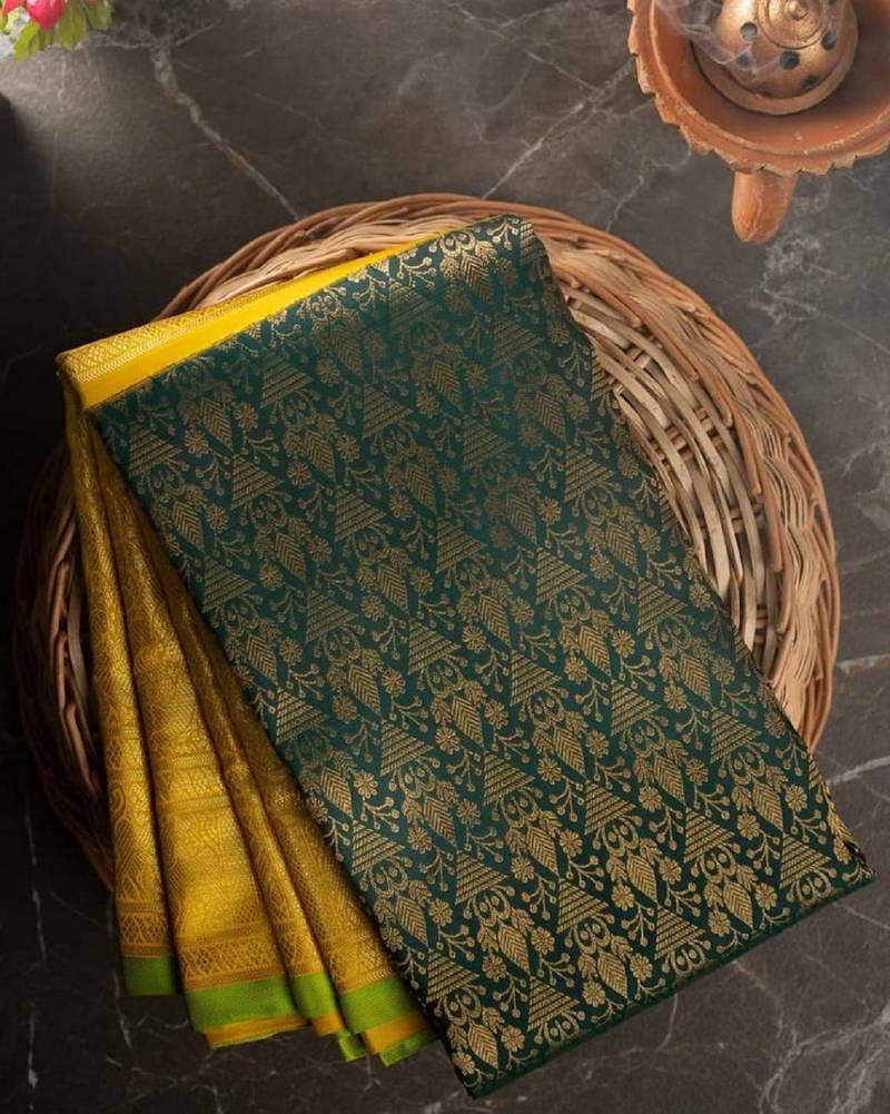 Green yellow soft silk blend banarasi jacuard work designer party wear saree with unstitched blouse piece