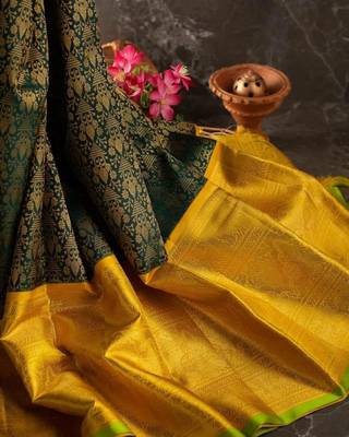 Green yellow silk blend banarasi saree with unstitched blouse piece 2