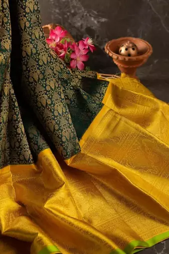 Green yellow silk blend banarasi saree with unstitched blouse piece