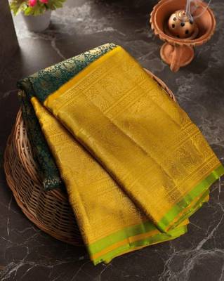 Green yellow silk blend banarasi saree with unstitched blouse piece 3