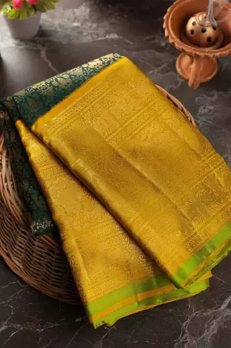 Green yellow silk blend banarasi saree with unstitched blouse piece