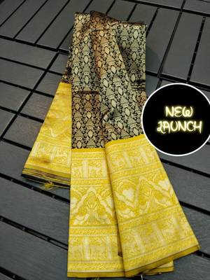 Green yellow silk blend banarasi saree with unstitched blouse piece 4