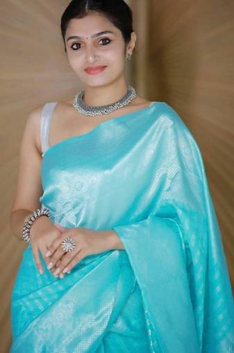 Sky blue soft silk blend banarasi jacuard work designer party wear saree with unstitched blouse piece