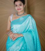 Sky blue silk blend banarasi saree with unstitched blouse piece