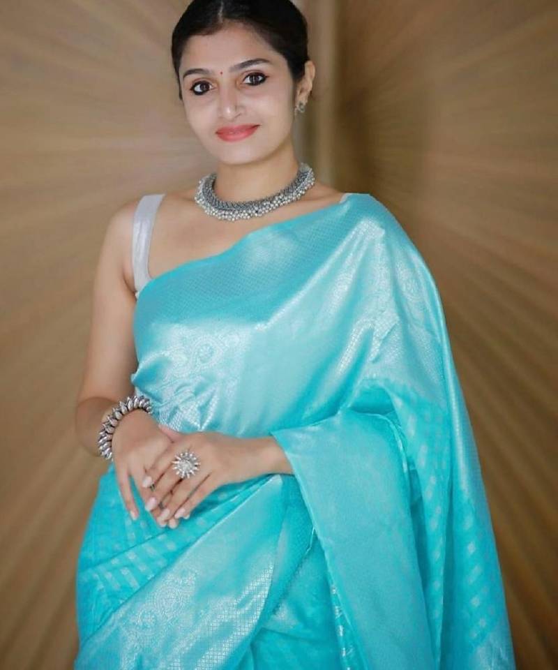 Sky blue soft silk blend banarasi jacuard work designer party wear saree with unstitched blouse piece