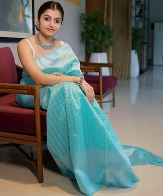 Sky blue silk blend banarasi saree with unstitched blouse piece 2