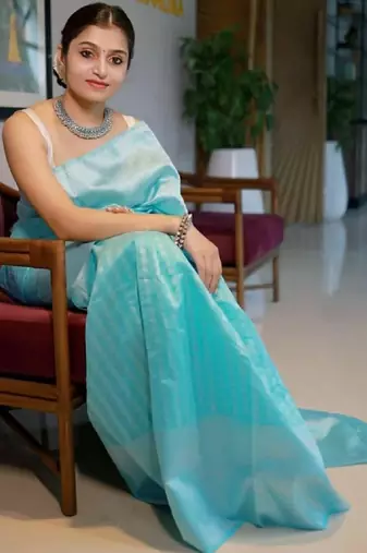 Sky blue silk blend banarasi saree with unstitched blouse piece