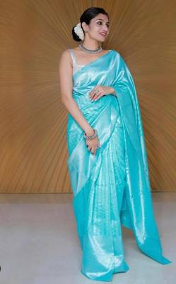 Sky blue silk blend banarasi saree with unstitched blouse piece 3