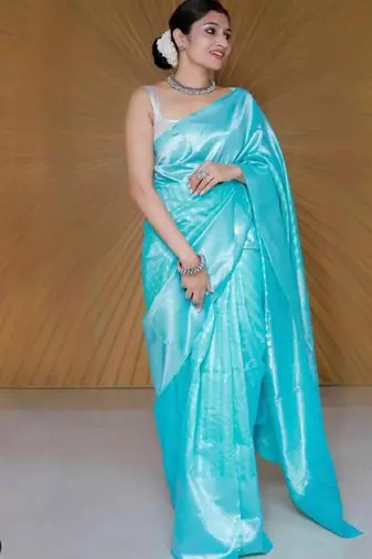 Sky blue silk blend banarasi saree with unstitched blouse piece