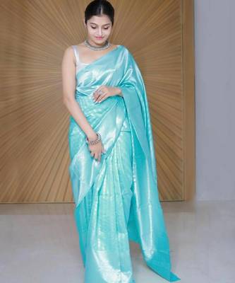 Sky blue silk blend banarasi saree with unstitched blouse piece 4