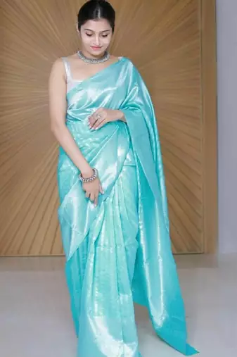 Sky blue silk blend banarasi saree with unstitched blouse piece