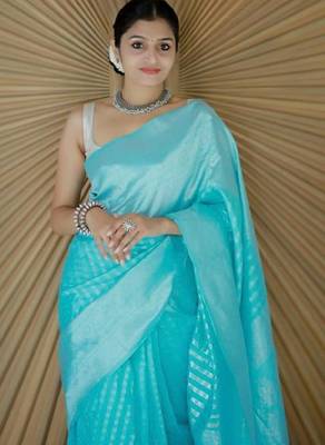 Sky blue silk blend banarasi saree with unstitched blouse piece 5