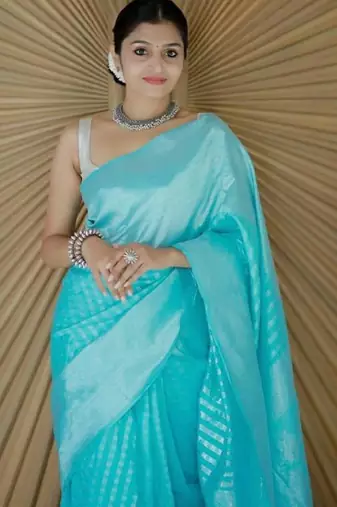 Sky blue silk blend banarasi saree with unstitched blouse piece