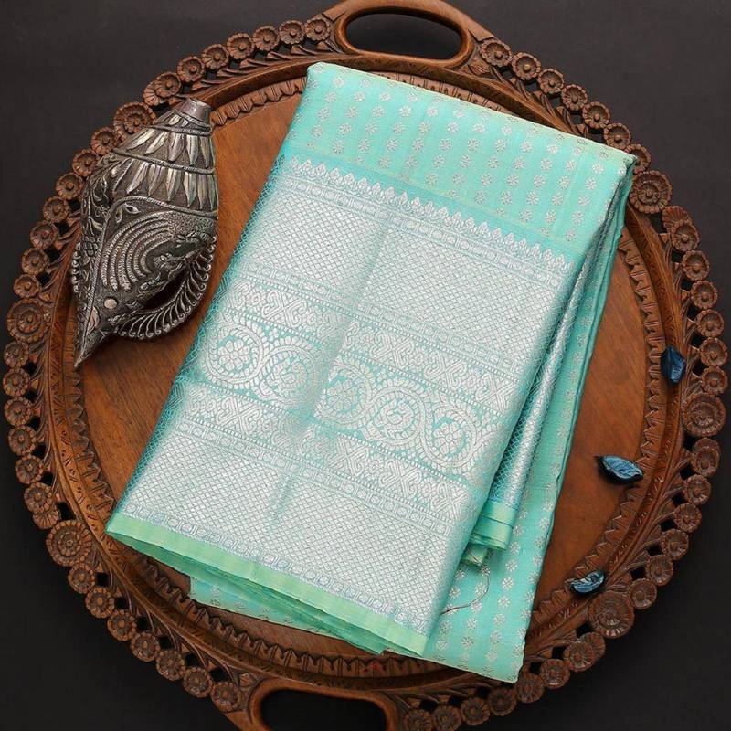 Sky blue soft silk blend banarasi jacuard work designer party wear saree with unstitched blouse piece