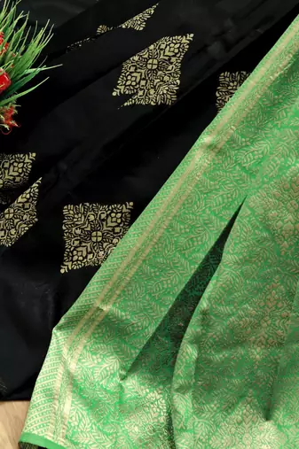Black green silk blend banarasi saree with unstitched blouse piece