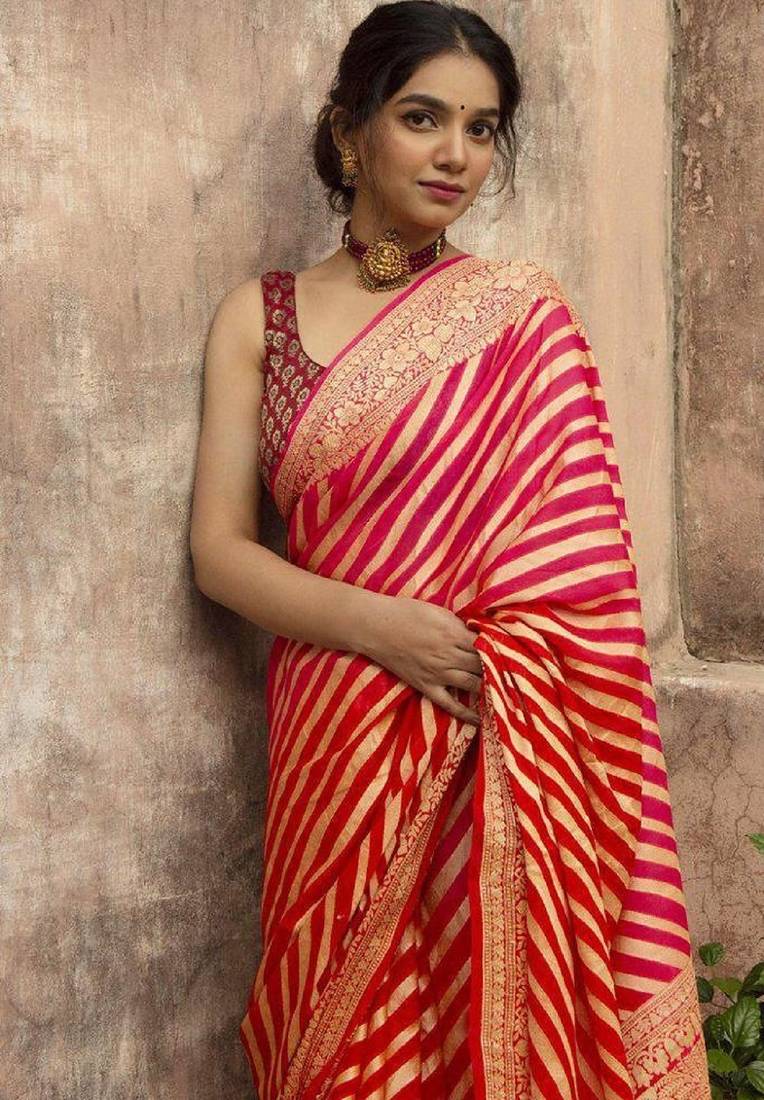 Red soft silk blend banarasi jacuard work designer party wear saree with unstitched blouse piece