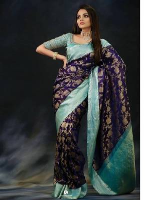 Blue rama silk blend banarasi saree with unstitched blouse piece 1
