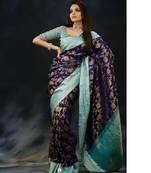 Blue rama silk blend banarasi saree with unstitched blouse piece
