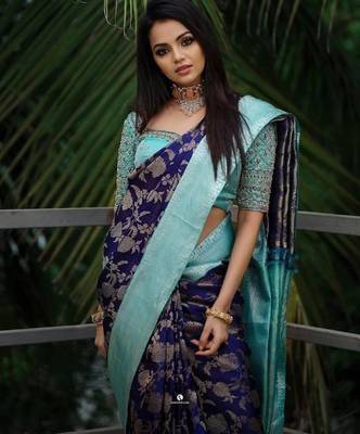 Blue rama silk blend banarasi saree with unstitched blouse piece 2