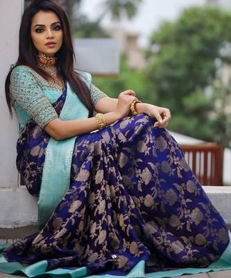 Blue rama silk blend banarasi saree with unstitched blouse piece 3