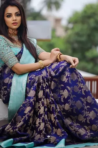 Blue rama silk blend banarasi saree with unstitched blouse piece