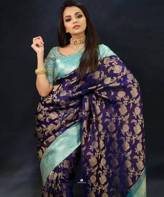 Blue rama silk blend banarasi saree with unstitched blouse piece 4