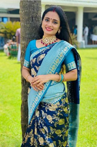 Blue rama soft silk blend banarasi jacuard work designer party wear saree with unstitched blouse piece