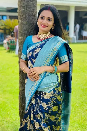 Blue rama soft silk blend banarasi jacuard work designer party wear saree with unstitched blouse piece